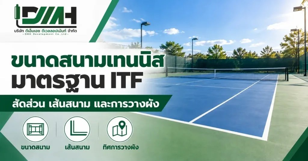 ขนาดสนามเทนนิสมาตรฐาน ITF สัดส่วน เส้นสนาม และการวางผัง