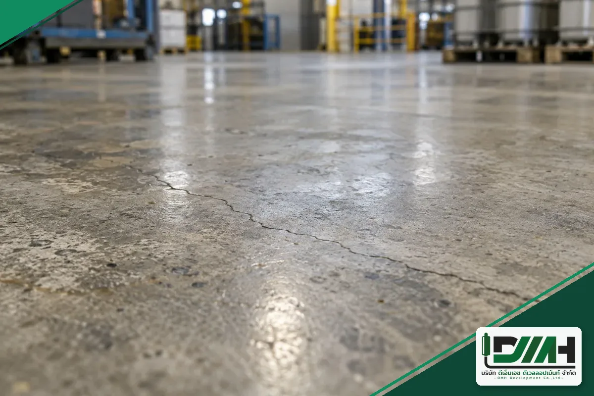 รอยแตกร้าวเส้นเล็กบนพื้นคอนกรีตโรงงานที่ต้องซ่อมก่อนลงระบบ epoxy