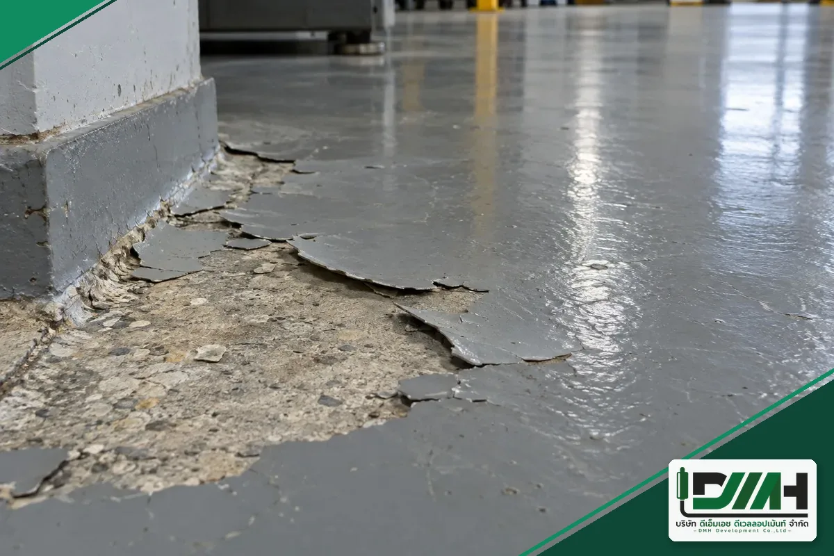 พื้น epoxy บริเวณที่เริ่มลอกร่อนเป็นแผ่นใกล้ขอบพื้นโรงงาน