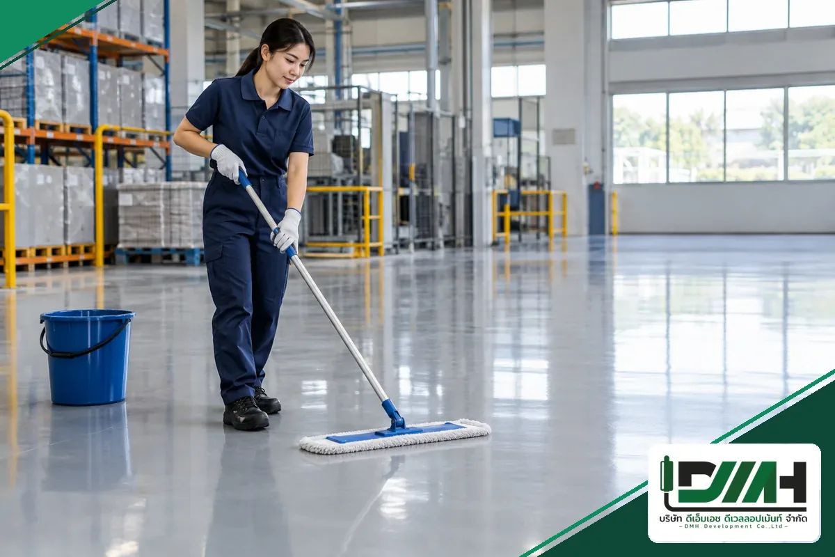 พนักงานใช้ม็อบไมโครไฟเบอร์ดันฝุ่น ขั้นตอน ดูแลรักษาพื้น Epoxy ประจำวัน