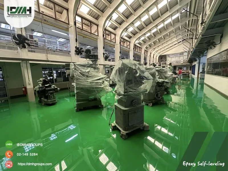 พื้น Epoxy สีเขียวในโรงฝึกงานช่าง